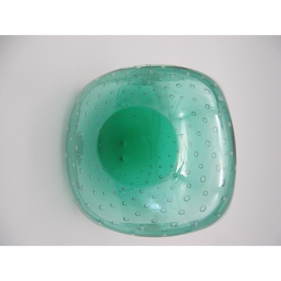 Iridescent Green with Controlled Bubbles Clear Handle Basket Art Glass 5"x5" - Picture 3 of 6